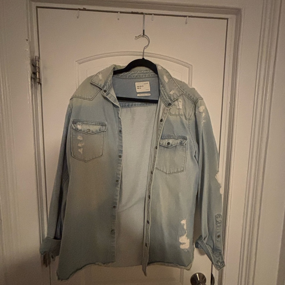 Zara Distressed Light Blue Denim Shirt